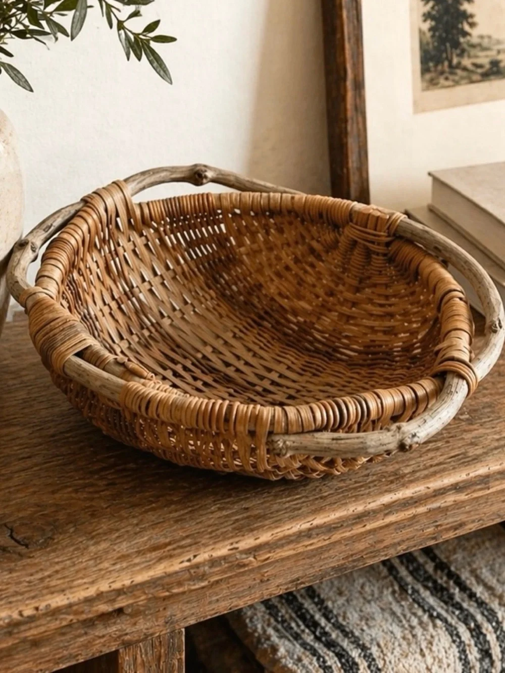 Vintage Wicker Basket Grapevine Handles Rustic Farmhouse Cottage Decor